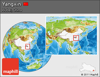 Physical Location Map of Yangxin, highlighted country, highlighted parent region, within the entire country