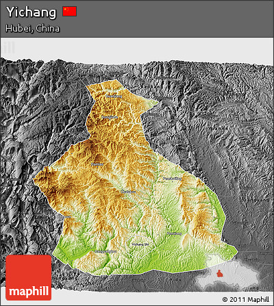 Physical 3D Map of Yichang, darken, desaturated