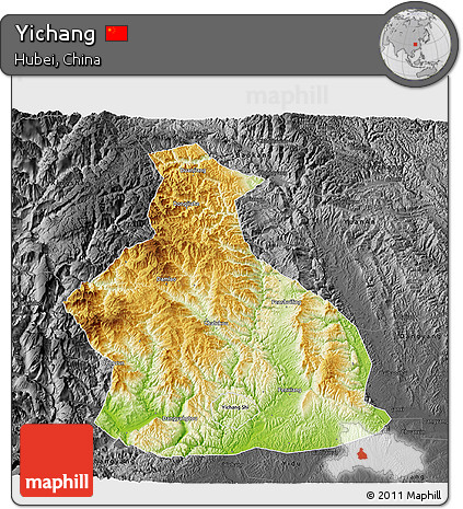 Physical 3D Map of Yichang, darken, desaturated