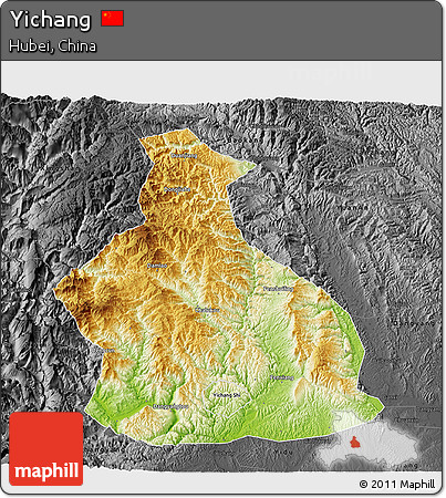 Physical 3D Map of Yichang, darken, desaturated