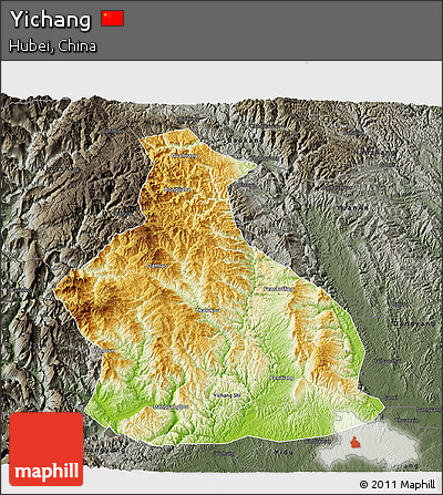 Physical 3D Map of Yichang, darken, semi-desaturated