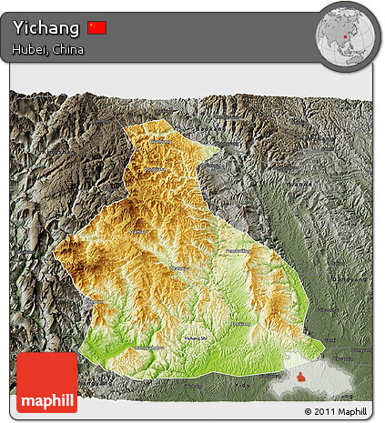 Physical 3D Map of Yichang, darken, semi-desaturated