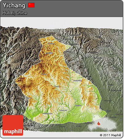 Physical 3D Map of Yichang, darken, semi-desaturated