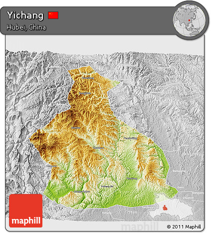 Physical 3D Map of Yichang, lighten, desaturated