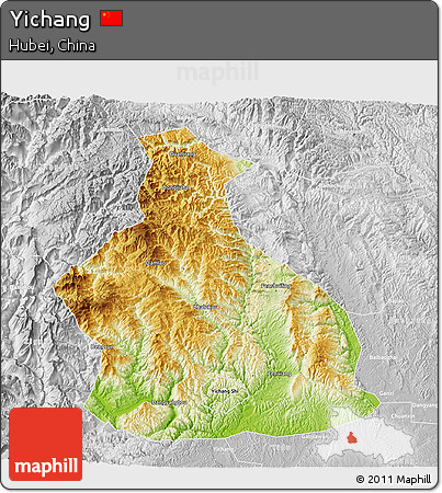 Physical 3D Map of Yichang, lighten, desaturated