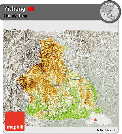 Physical 3D Map of Yichang, lighten, semi-desaturated