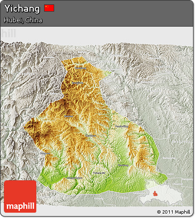 Physical 3D Map of Yichang, lighten, semi-desaturated