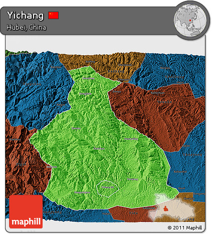 Political 3D Map of Yichang, darken