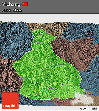 Political 3D Map of Yichang, darken, semi-desaturated