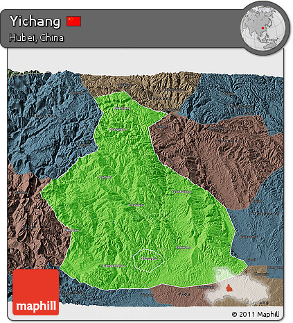 Political 3D Map of Yichang, darken, semi-desaturated