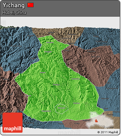 Political 3D Map of Yichang, darken, semi-desaturated