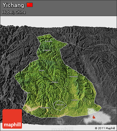 Satellite 3D Map of Yichang, darken, desaturated