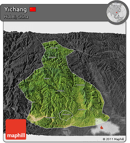 Satellite 3D Map of Yichang, darken, desaturated