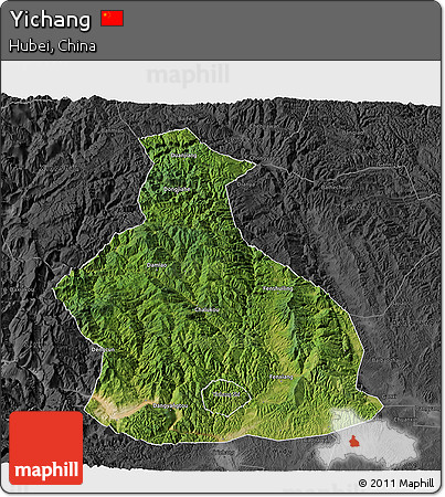 Satellite 3D Map of Yichang, darken, desaturated