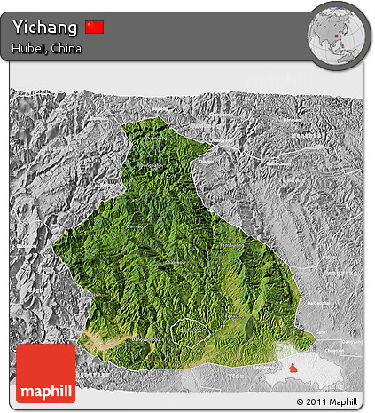 Satellite 3D Map of Yichang, lighten, desaturated
