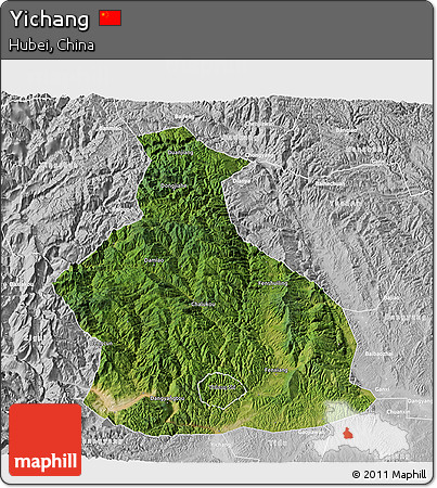 Satellite 3D Map of Yichang, lighten, desaturated
