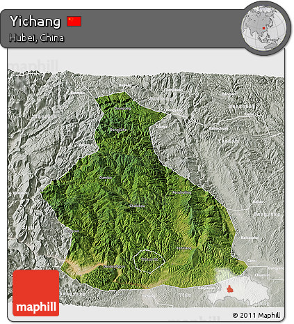 Satellite 3D Map of Yichang, lighten, semi-desaturated