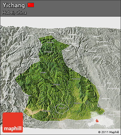 Satellite 3D Map of Yichang, lighten, semi-desaturated