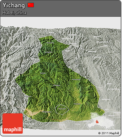 Satellite 3D Map of Yichang, lighten, semi-desaturated