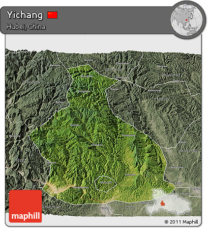 Satellite 3D Map of Yichang, semi-desaturated
