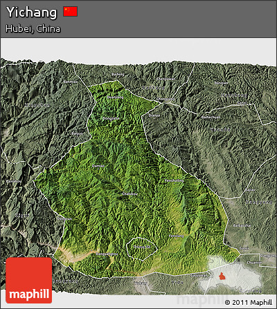 Satellite 3D Map of Yichang, semi-desaturated