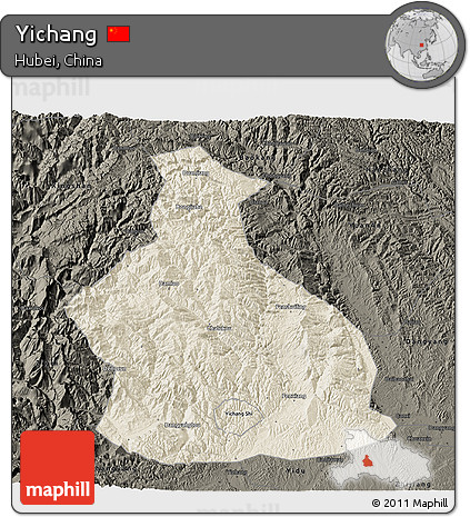 Shaded Relief 3D Map of Yichang, darken