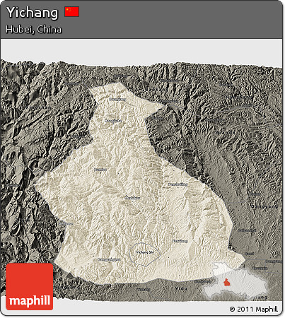 Shaded Relief 3D Map of Yichang, darken