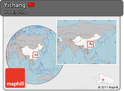 Gray Location Map of Yichang, highlighted country, highlighted parent region, within the entire country, hill shading