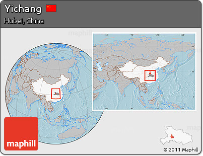 Gray Location Map of Yichang, highlighted country, highlighted parent region, within the entire country, hill shading