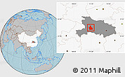 Gray Location Map of Yichang, highlighted country, highlighted parent region, hill shading