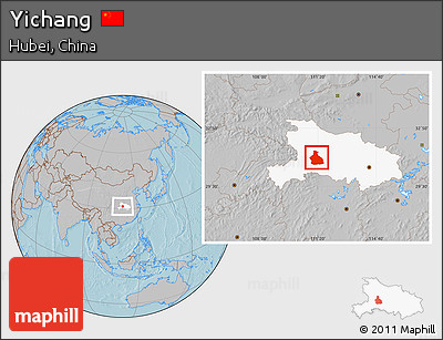 Gray Location Map of Yichang, highlighted parent region, hill shading