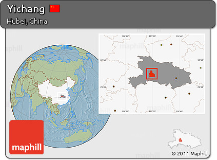 Savanna Style Location Map of Yichang, highlighted country, highlighted parent region, hill shading