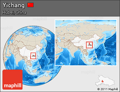 Shaded Relief Location Map of Yichang, highlighted country, highlighted parent region, within the entire country