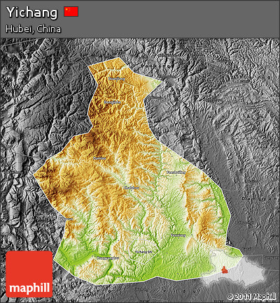 Physical Map of Yichang, darken, desaturated