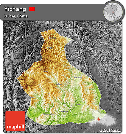 Physical Map of Yichang, darken, desaturated