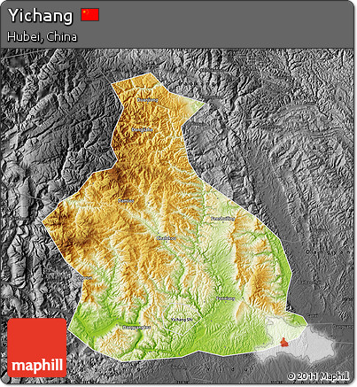 Physical Map of Yichang, darken, desaturated