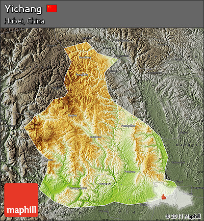 Physical Map of Yichang, darken, semi-desaturated
