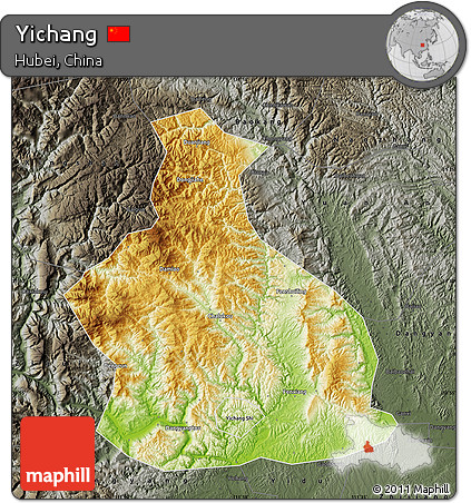 Physical Map of Yichang, darken, semi-desaturated