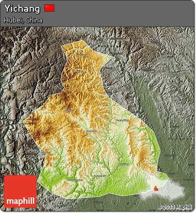 Physical Map of Yichang, darken, semi-desaturated