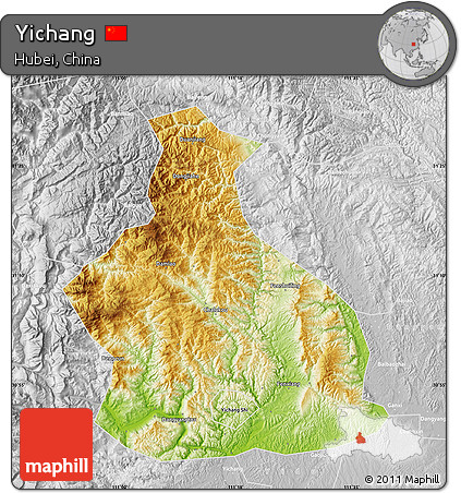 Physical Map of Yichang, lighten, desaturated