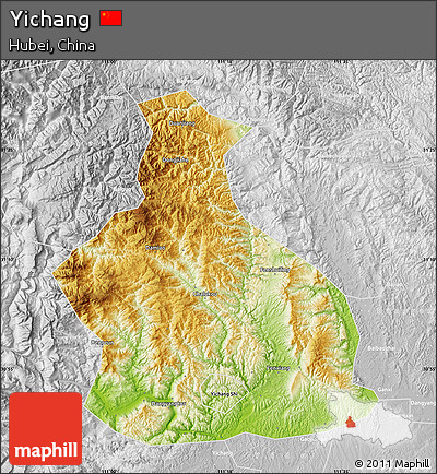 Physical Map of Yichang, lighten, desaturated