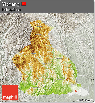 Physical Map of Yichang, lighten, semi-desaturated