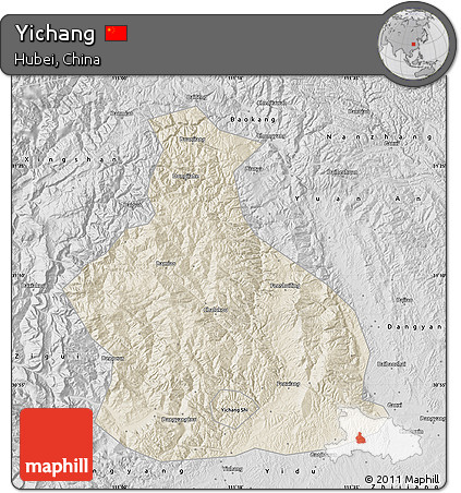 Shaded Relief Map of Yichang, desaturated