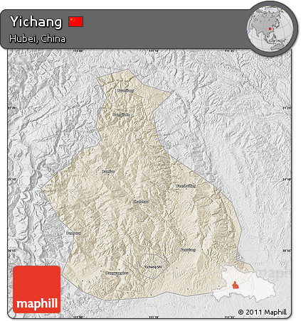 Shaded Relief Map of Yichang, lighten, desaturated