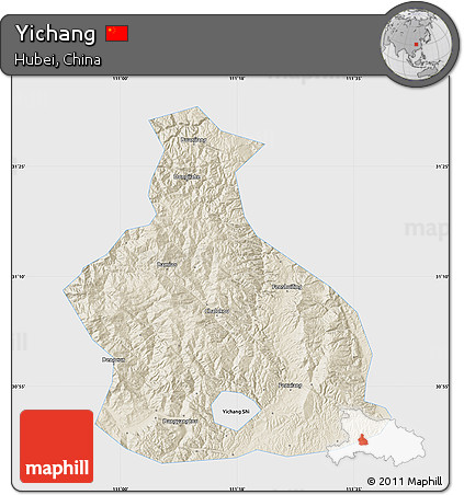 Shaded Relief Map of Yichang, single color outside