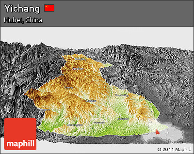 Physical Panoramic Map of Yichang, darken, desaturated
