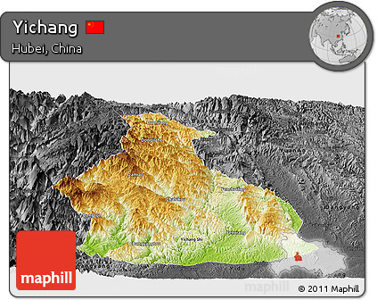 Physical Panoramic Map of Yichang, darken, desaturated