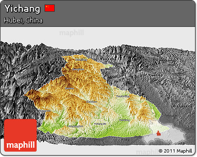 Physical Panoramic Map of Yichang, darken, desaturated