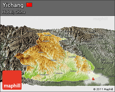 Physical Panoramic Map of Yichang, darken, semi-desaturated