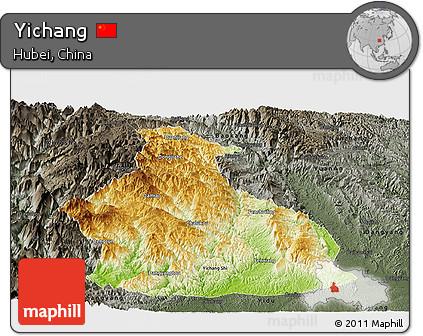 Physical Panoramic Map of Yichang, darken, semi-desaturated
